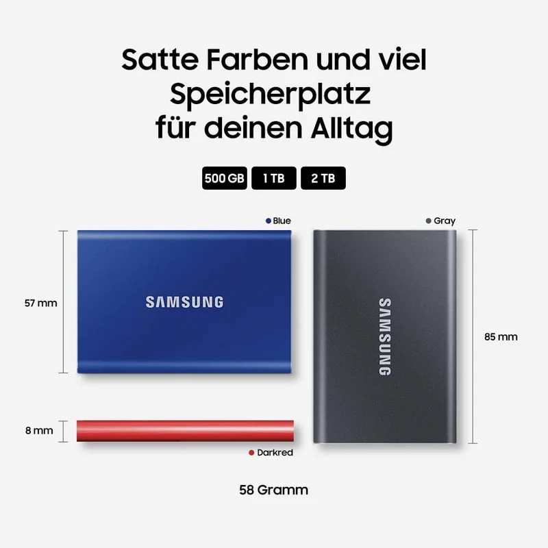 Samsung Portable SSD T7, 500 GB, USB 3.2 Gen.2, 1.050 MB/s Lesen, 1.000 MB/s Schreiben, Externe SSD