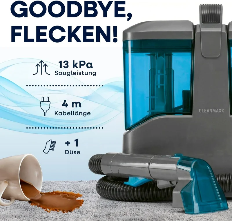 CLEANmaxx Polsterreiniger Gerät Kompakt Pro | Nasssauger & Teppichreiniger in einem | 13 kPa Waschsa