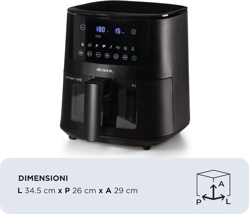 Ariete 4633 4L Heissluftfritteuse, 1400 W, 4L Fassungsvermögen, 9 Programme, Shake- und Grillfunktio
