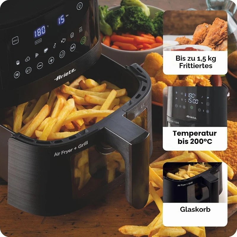 Ariete 4633 4L Heissluftfritteuse, 1400 W, 4L Fassungsvermögen, 9 Programme, Shake- und Grillfunktio