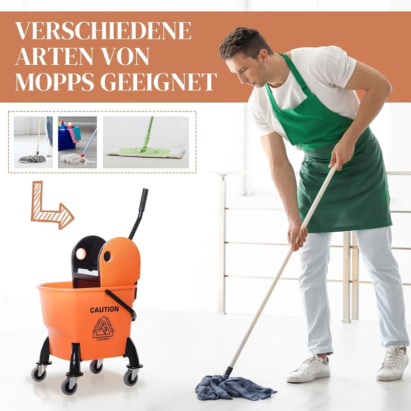HOMCOM Professionelle Reinigungswagen Kapazität 26L Abnehmbare Wringer mit Rädern 44 × 36 × 90cm Ora