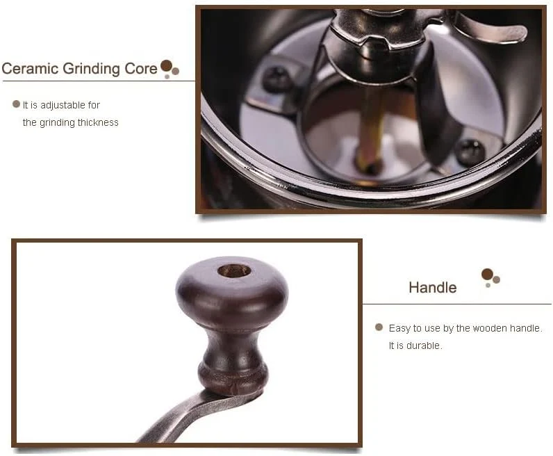 zalati Manuelle Kaffeemühle Keramik Mahlkern Metallschale Holzsockel und Griffstange für Kaffeebohne
