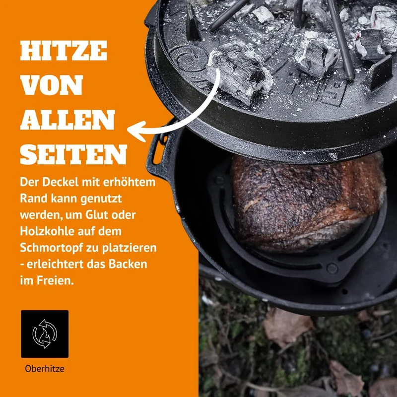 Petromax Feuertopf ft18 - Dutch Oven aus Gusseisen für Kochen und Backen - mit Deckel, Henkel und St