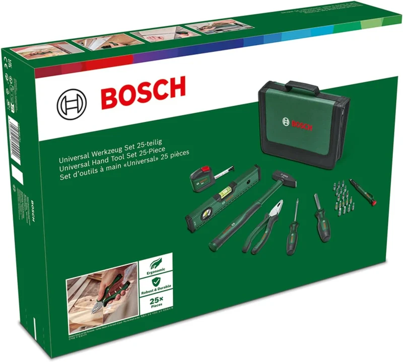 Bosch Universal Handwerkzeug-Set 25-teilig (vielseitiges Werkzeugset für allgemeine Zwecke DIY rund