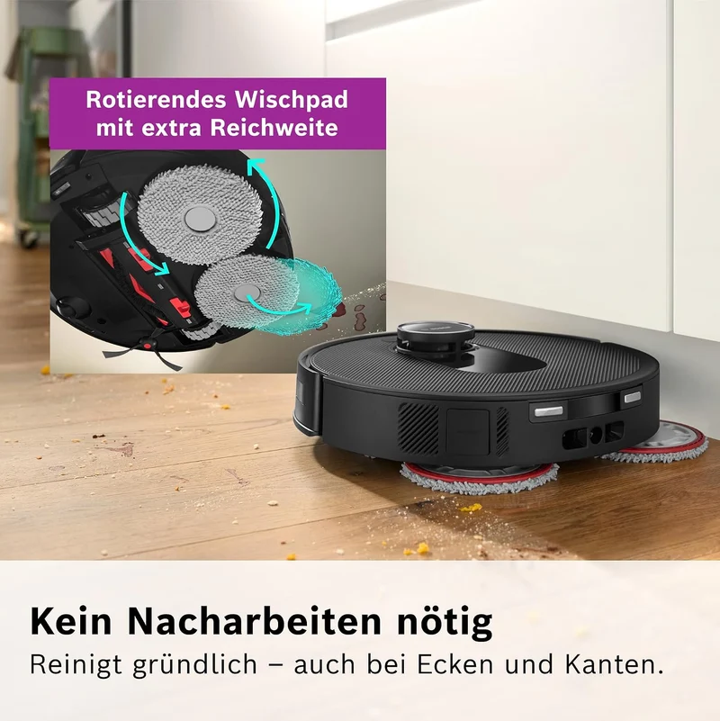 Bosch Spotless Max BCRDW3B Saugroboter mit Wischfunktion, 11.000 Pa Saugkaft, rotierende Wischpads,