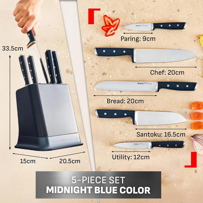Tefal EverSharp K297S644 – Messerset – 5-teilig – Messerblock mit integriertem Schärfer – Selbstschä