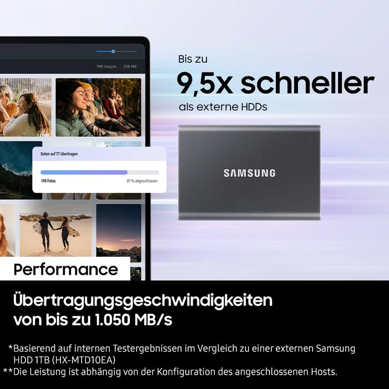 Samsung Portable SSD T7, 1 TB, USB 3.2 Gen.2, 1.050 MB/s Lesen, 1.000 MB/s Schreiben, Externe SSD Fe