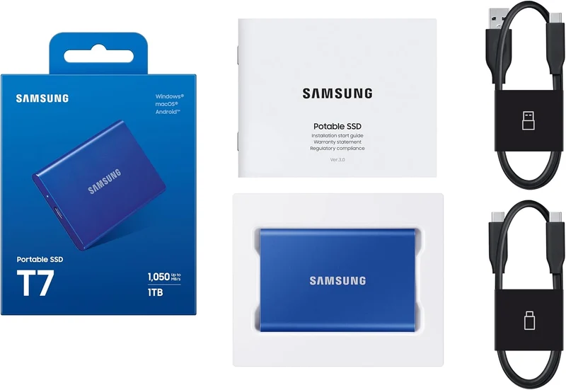 Samsung Portable SSD T7, 1 TB, USB 3.2 Gen.2, 1.050 MB/s Lesen, 1.000 MB/s Schreiben, Externe SSD Fe
