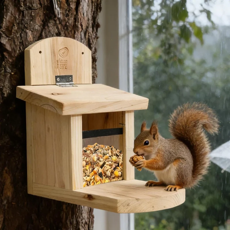 Nussfutterstation für Hinterhof, Holz, Wildtierunterstand, erhöhtes Essdeck mit Schutzhülle, Zubehör