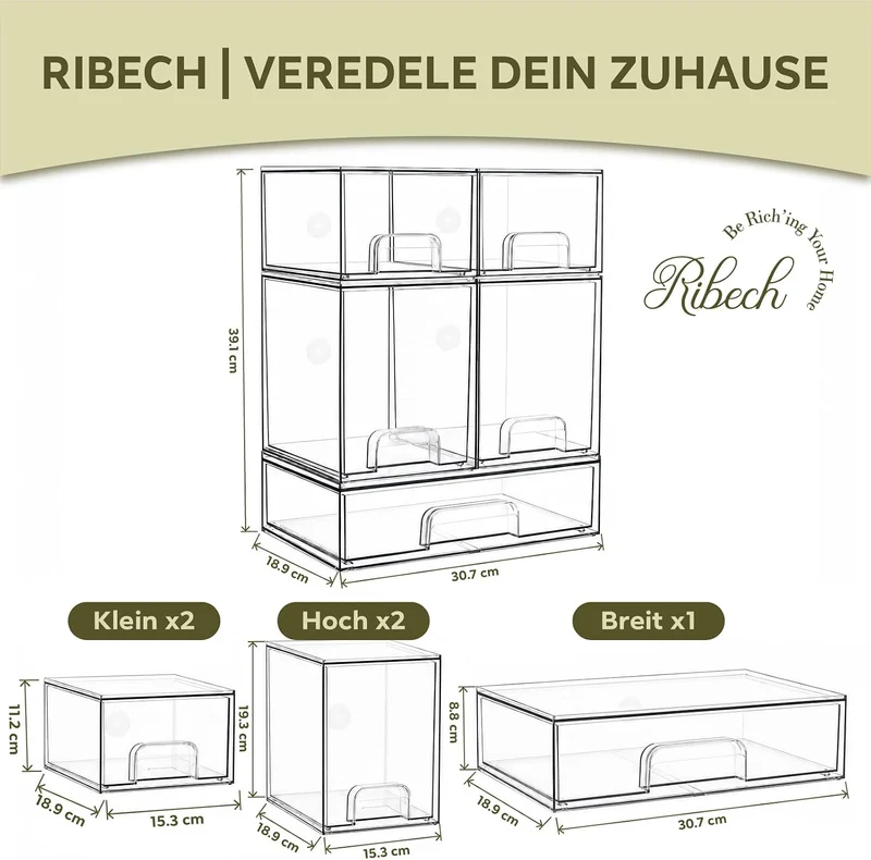 5er-Set Stapelbare Aufbewahrungsschubladen aus Acryl | Transparent mit Griffen, Einfache Montage für