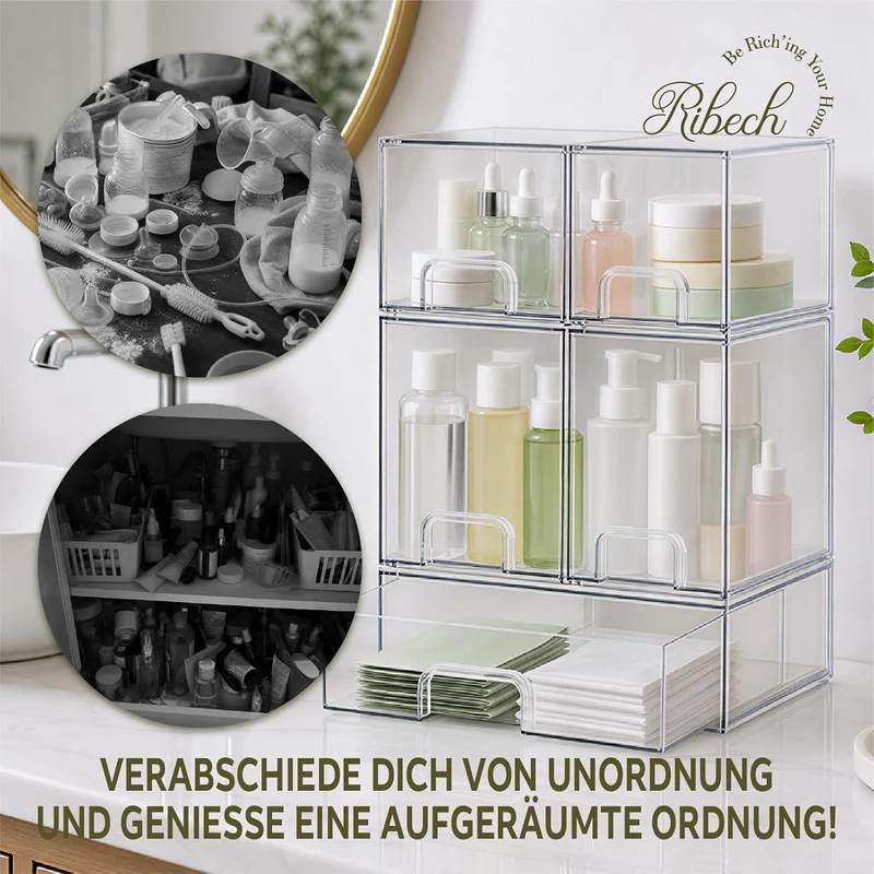 5er-Set Stapelbare Aufbewahrungsschubladen aus Acryl | Transparent mit Griffen, Einfache Montage für