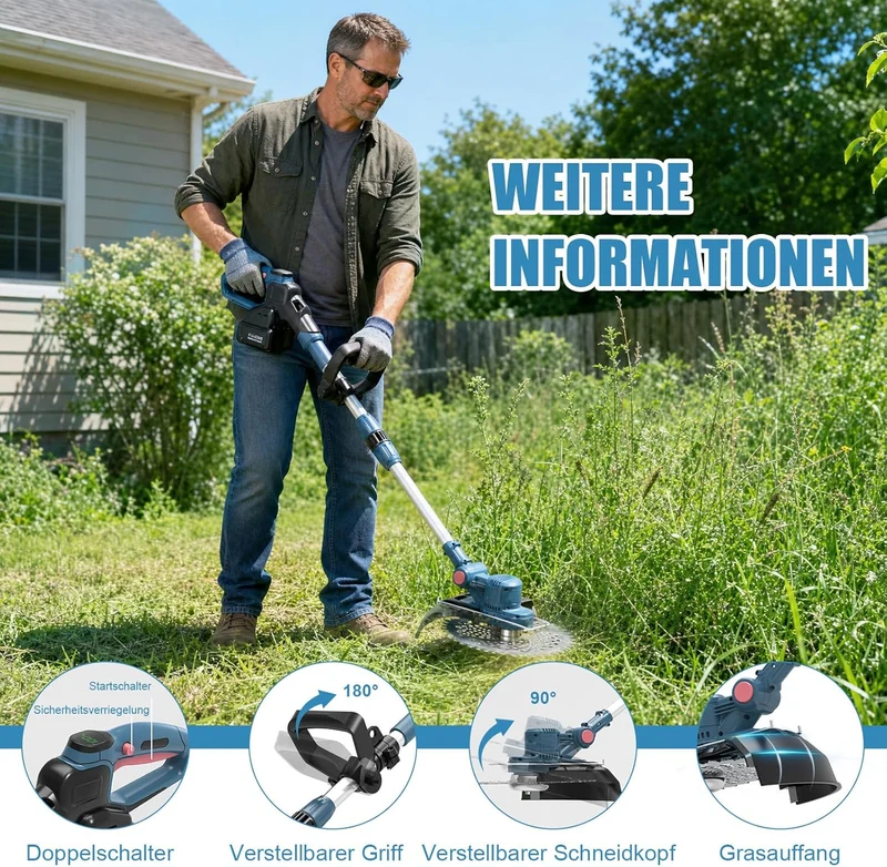 Rasentrimmer mit Akku,Akku Rasentrimmer für Makita-Akkus mit 5 Klingentypen,21v,2X 4.0ah 5 In 1 Rase