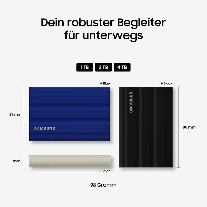 Samsung Portable SSD T7 Shield, 1 TB, USB 3.2 Gen.2, 1.050 MB/s Lesen, 1.000 MB/s Schreiben, Robuste