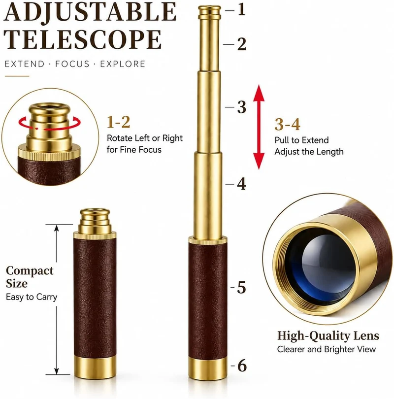 Retro Teleskop 25 x 30 Zoomable Monokulares Teleskop Messing Faltbar Tragbar Pocket Monokular für Er