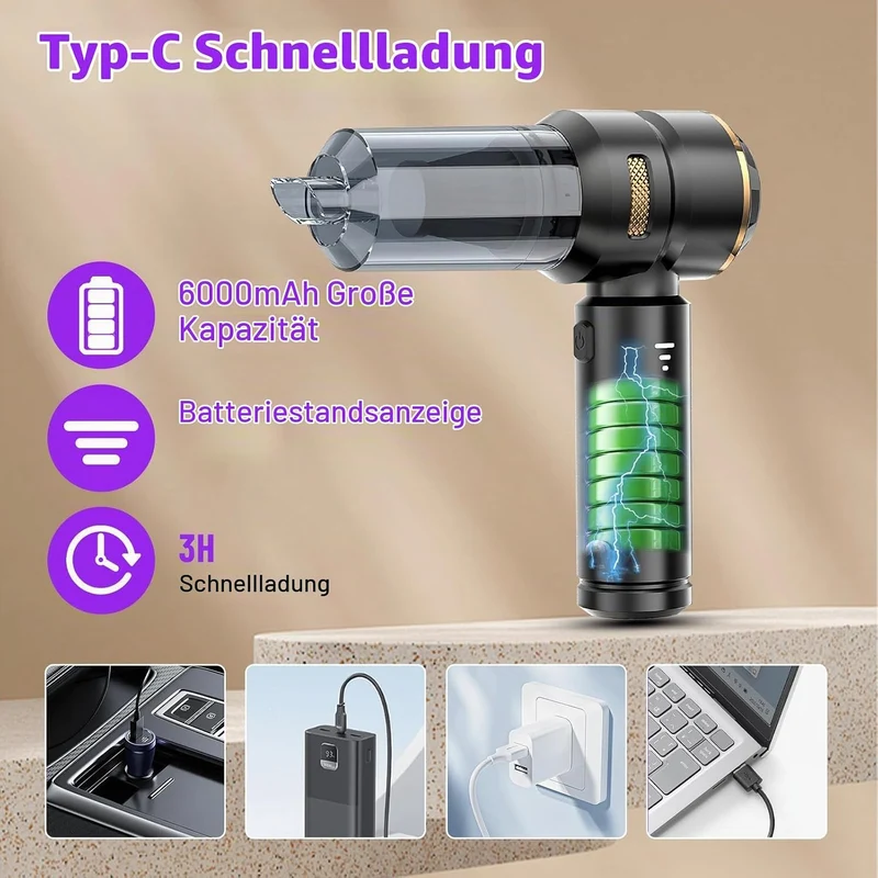 Handstaubsauger Akku Kabellos 4-in-1,22000Pa 3-Gang Mini Autostaubsauger mit Bürstenloser Motor,6000