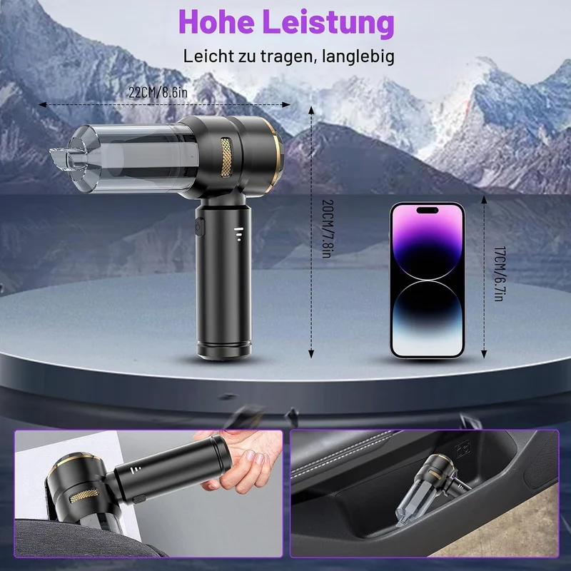 Handstaubsauger Akku Kabellos 4-in-1,22000Pa 3-Gang Mini Autostaubsauger mit Bürstenloser Motor,6000
