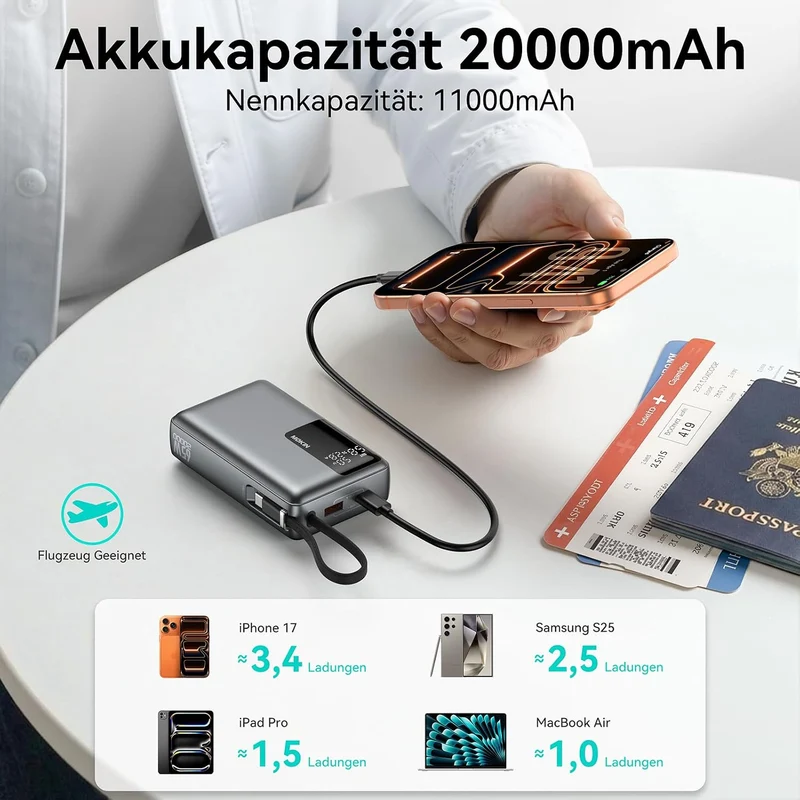 Power Bank, 65W 20000mAh Powerbank Schnellladefunktion USB C PD3.0 & QC4.0 Tragbarer Externer HandyA
