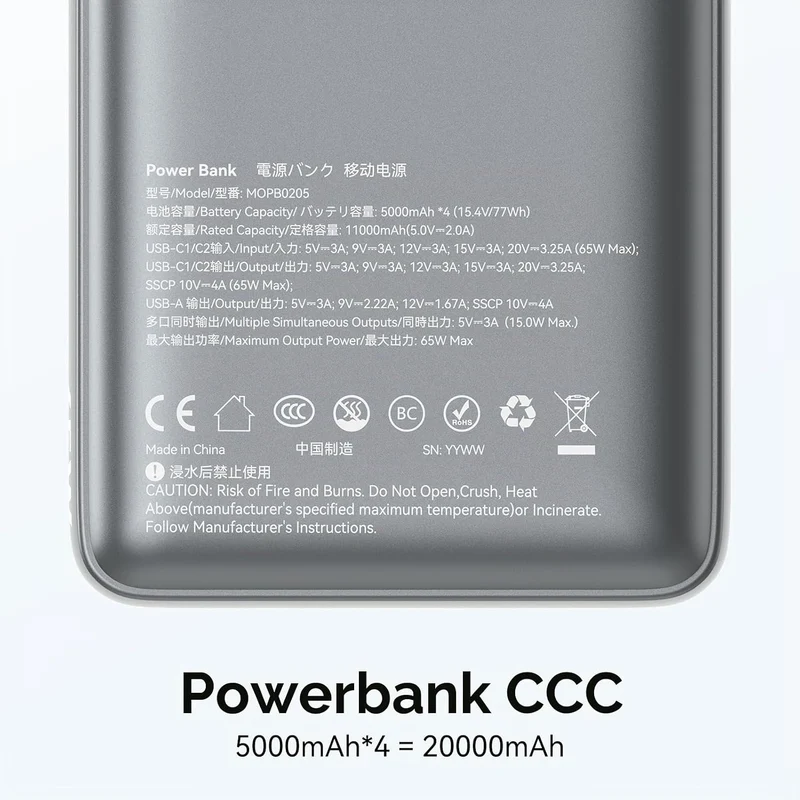Power Bank, 65W 20000mAh Powerbank Schnellladefunktion USB C PD3.0 & QC4.0 Tragbarer Externer HandyA