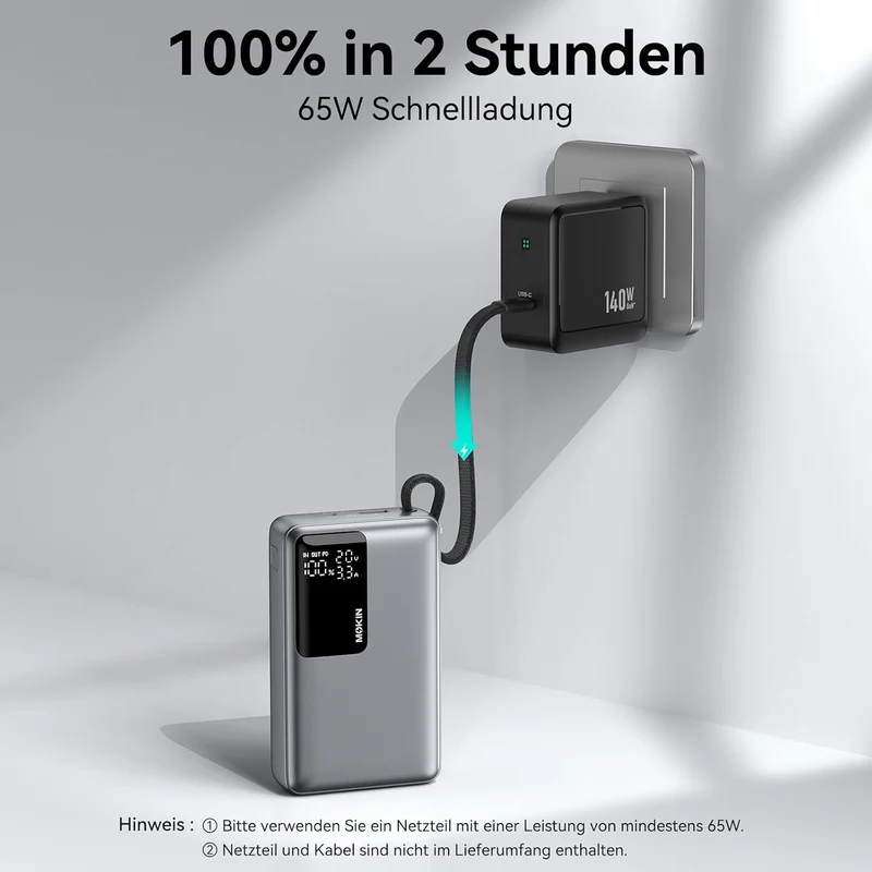 Power Bank, 65W 20000mAh Powerbank Schnellladefunktion USB C PD3.0 & QC4.0 Tragbarer Externer HandyA