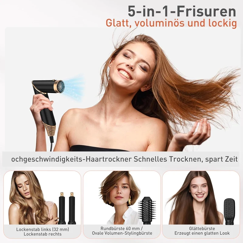 TANSHINE 5-in-1 Hairstyler faltbar 1000W Ionen Heissluftbürste | Klappbar, 5 Styling-Aufsätze, 1000W