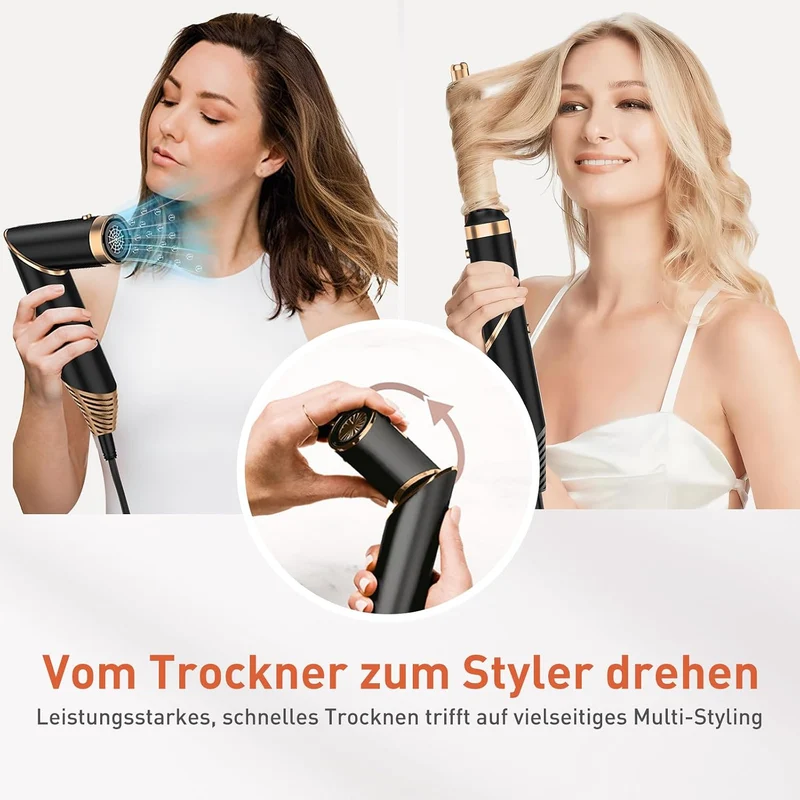 TANSHINE 5-in-1 Hairstyler faltbar 1000W Ionen Heissluftbürste | Klappbar, 5 Styling-Aufsätze, 1000W