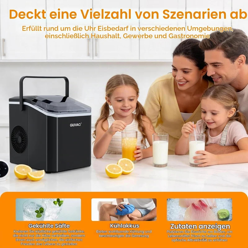 Eiswürfelmaschine mit Selbstreinigung – 9 Würfel in 6 Min, 12 kg/24h, 2 Grössen, tragbar mit Griff,