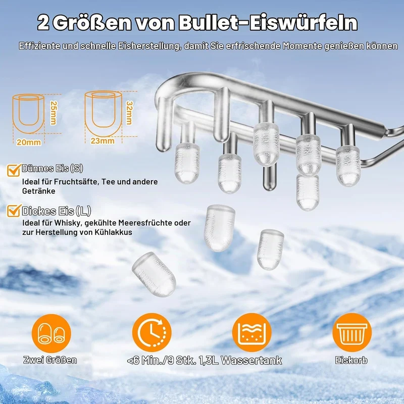 Eiswürfelmaschine mit Selbstreinigung – 9 Würfel in 6 Min, 12 kg/24h, 2 Grössen, tragbar mit Griff,