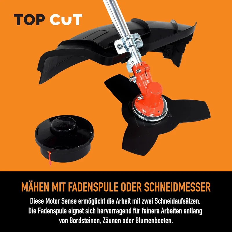 TOP CUT Benzin Motorsense 51,7 cm³ -2-Takt - Freischneider & Rasentrimmer mit Messer - Fadenspule un