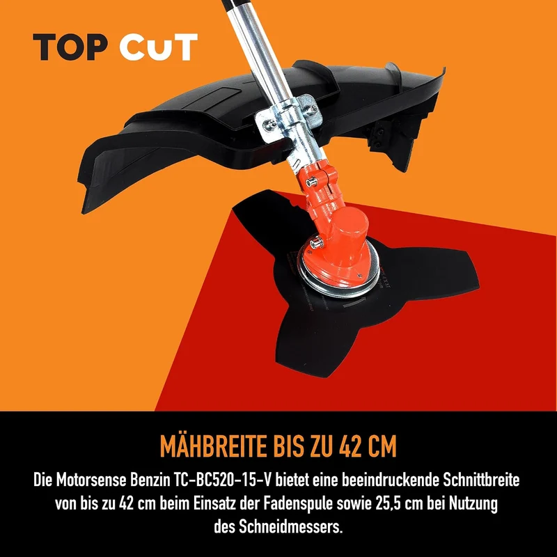 TOP CUT Benzin Motorsense 51,7 cm³ -2-Takt - Freischneider & Rasentrimmer mit Messer - Fadenspule un