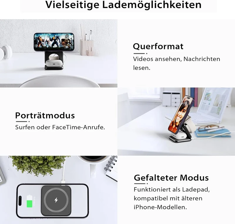 KU XIU X40 Induktive Ladestation 3 in 1 – Magnetisches Kabelloses Ladegerät, Faltbares Reiseladegerä