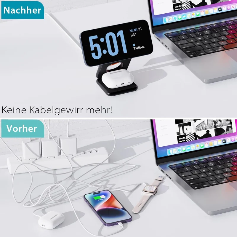 KU XIU X40 Induktive Ladestation 3 in 1 – Magnetisches Kabelloses Ladegerät, Faltbares Reiseladegerä