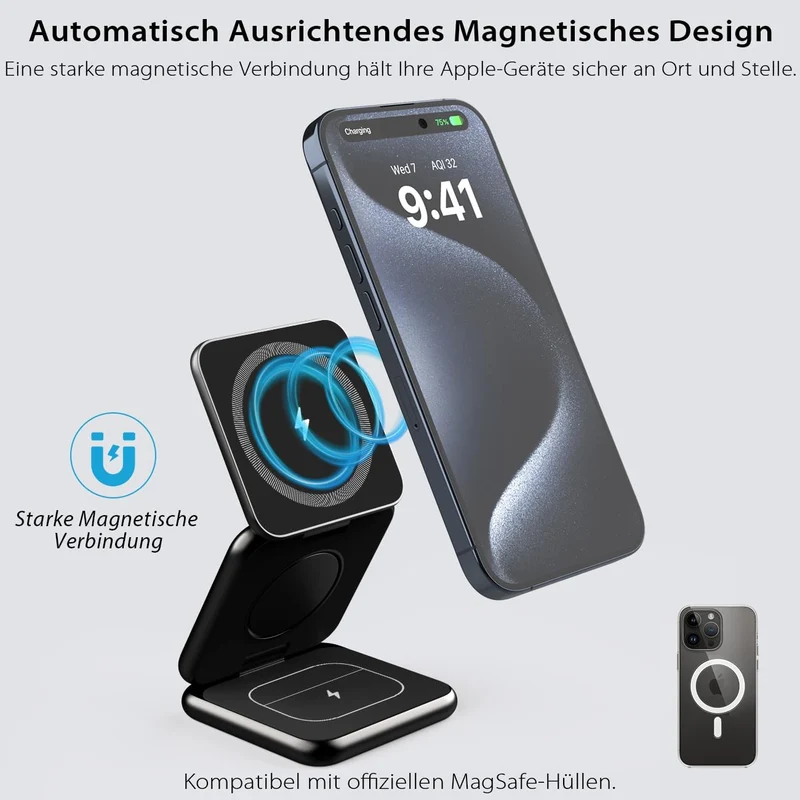 KU XIU X40 Induktive Ladestation 3 in 1 – Magnetisches Kabelloses Ladegerät, Faltbares Reiseladegerä
