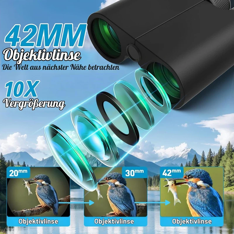 10x42 Fernglas für Erwachsene, leistungsstarkes kompaktes Fernglas mit schwachem Licht, Nachtsicht f