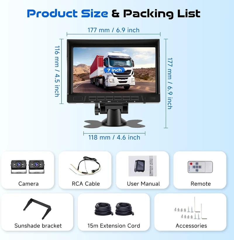 Hodozzy Rückfahrkamera 2 Kameras Set mit IPS 1080P 7 Zoll Monitor, Nachtsicht IP69 wasserdichte Dual
