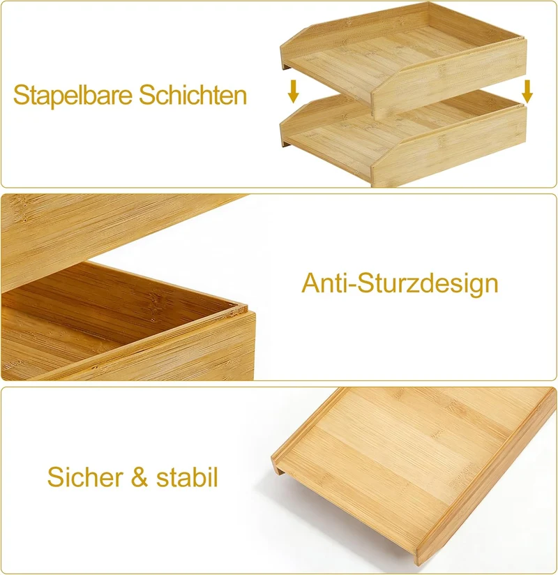 Briefablage Holz 2er Set,Ablagefächer stapelbar, Schreibtisch-Organizer für A4-Dokumente, naturholzf