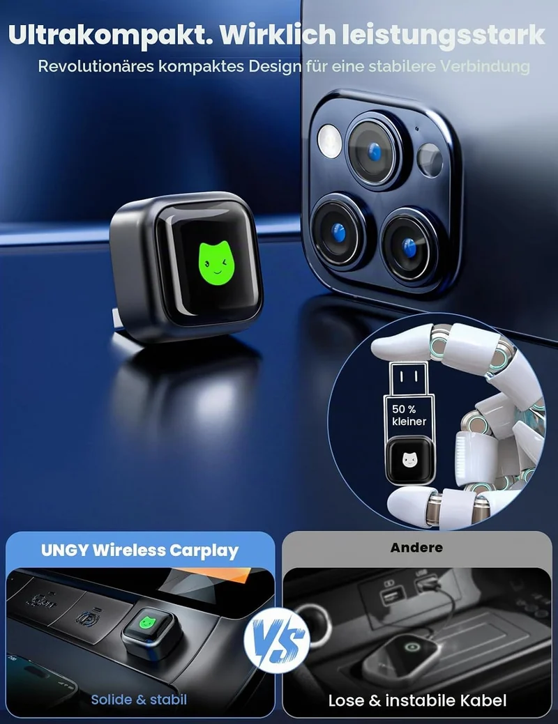 CarPlay Wireless Adapter für Apple 2026 Upgrade, Wired zu Wireless CarPlay, USB & Type-C Dual-Port,