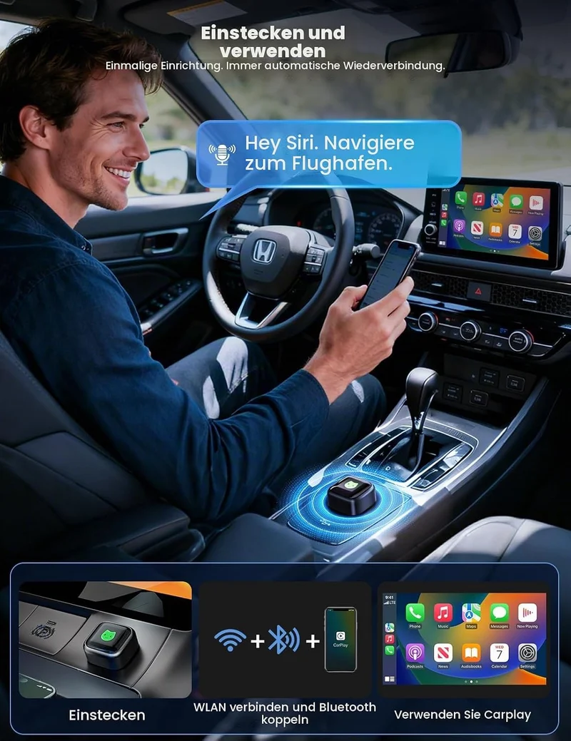 CarPlay Wireless Adapter für Apple 2026 Upgrade, Wired zu Wireless CarPlay, USB & Type-C Dual-Port,