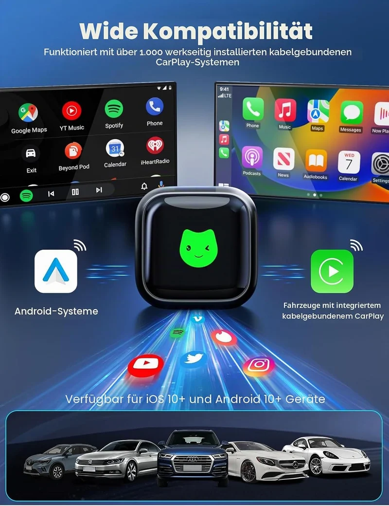 CarPlay Wireless Adapter für Apple 2026 Upgrade, Wired zu Wireless CarPlay, USB & Type-C Dual-Port,