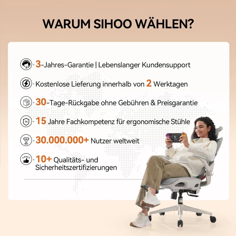 SIHOO Bürostuhl Ergonomisch, Schreibtischstuhl mit 4D Dynamischer Lordosenstütze, Breiter Kopfstütze