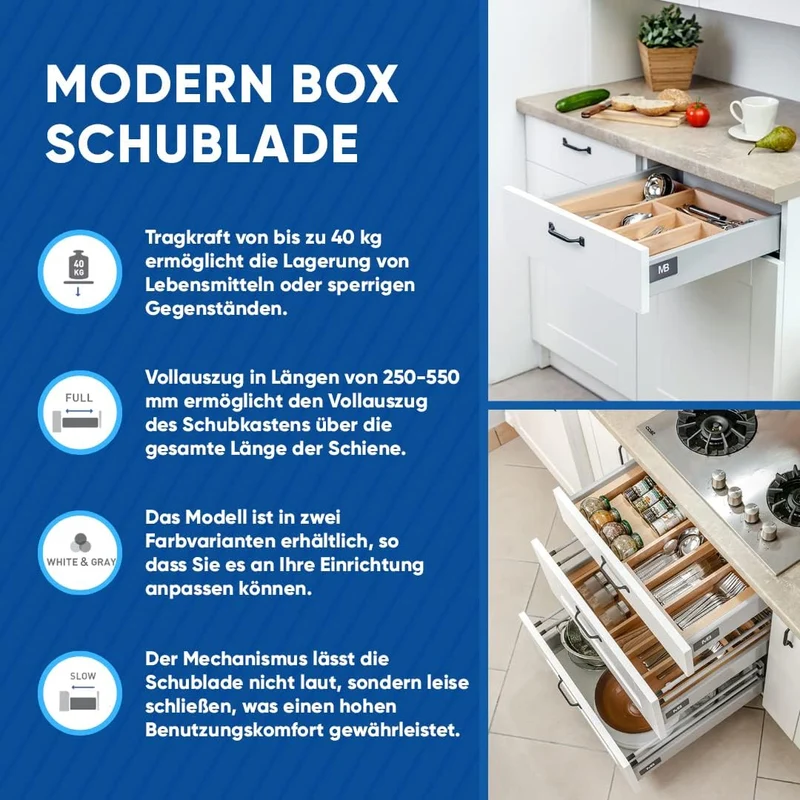 GTV - Modern Box Schublade I L=250mm H=83 mm I Weiss I Leises Schliessen I Belastung bis zu 40 kg I