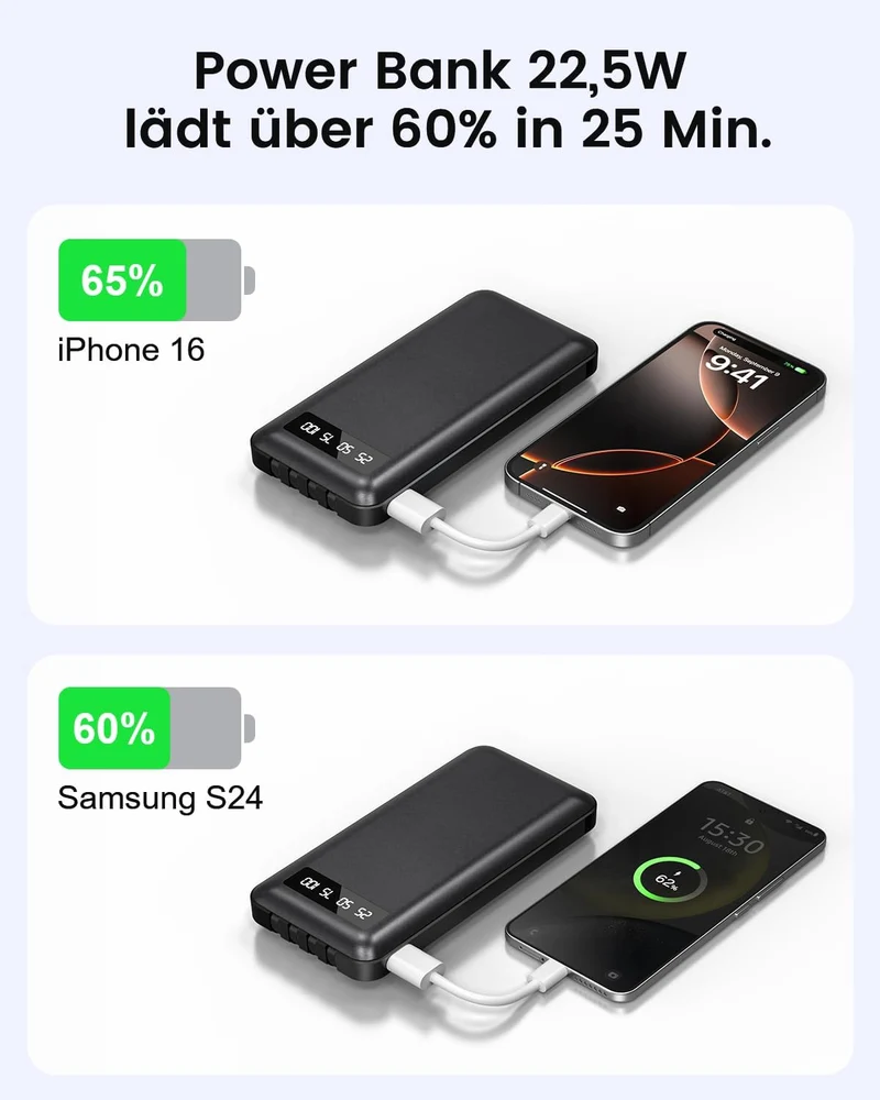 Powerbank 26800mAh mit 4 integrierten Kabel, 22.5W Power Bank USB C Schnellladefunktion mit LED Disp