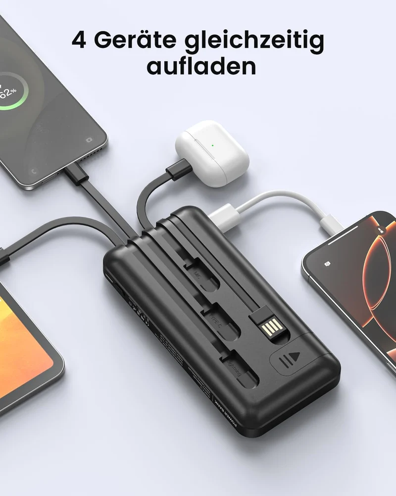 Powerbank 26800mAh mit 4 integrierten Kabel, 22.5W Power Bank USB C Schnellladefunktion mit LED Disp