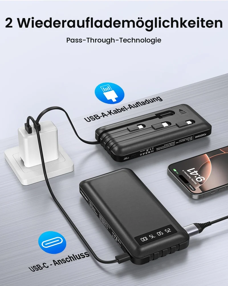 Powerbank 26800mAh mit 4 integrierten Kabel, 22.5W Power Bank USB C Schnellladefunktion mit LED Disp