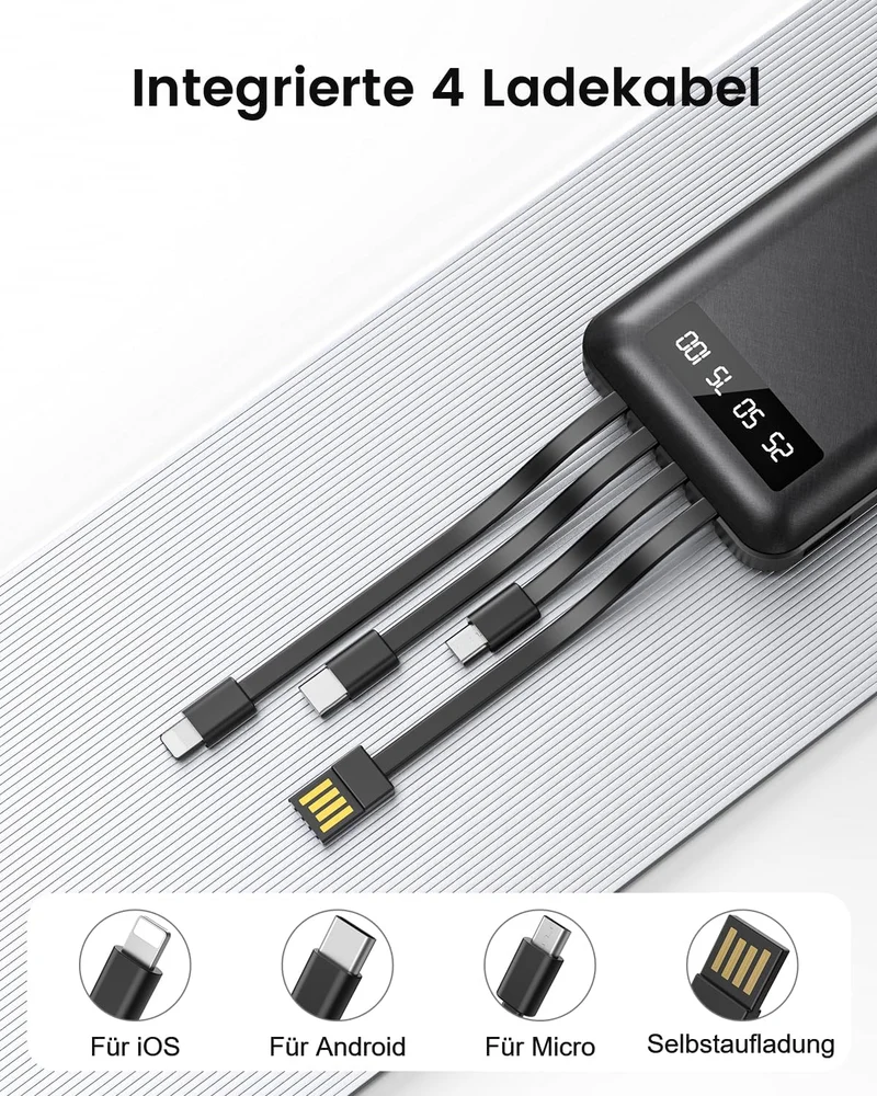 Powerbank 26800mAh mit 4 integrierten Kabel, 22.5W Power Bank USB C Schnellladefunktion mit LED Disp