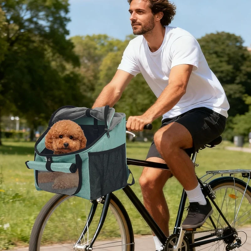 Hunde Rucksack für Hund bis 7.5kg, Hundefahrradkorb mit 5-Punkt Befestigung und Netz für E-Bike, Mou