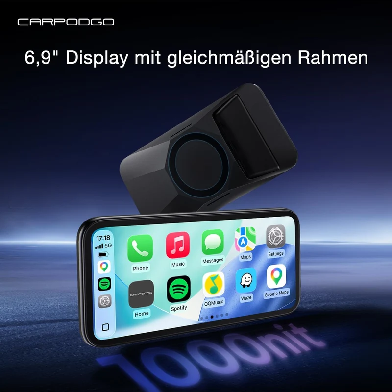 CarpodGo Mini 6,9'' 60 fps CarPlay-Bildschirm für,Display mit gleichmässigem Rahmen und abgerundeten