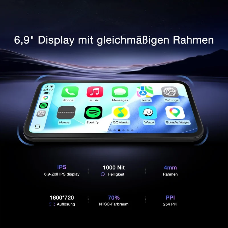 CarpodGo Mini 6,9'' 60 fps CarPlay-Bildschirm für,Display mit gleichmässigem Rahmen und abgerundeten