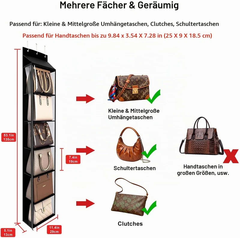 Lirex Geldbörsen-Organizer, 6 Taschen Handtaschen-Organizer mit Reissverschluss zum Aufhängen, für S