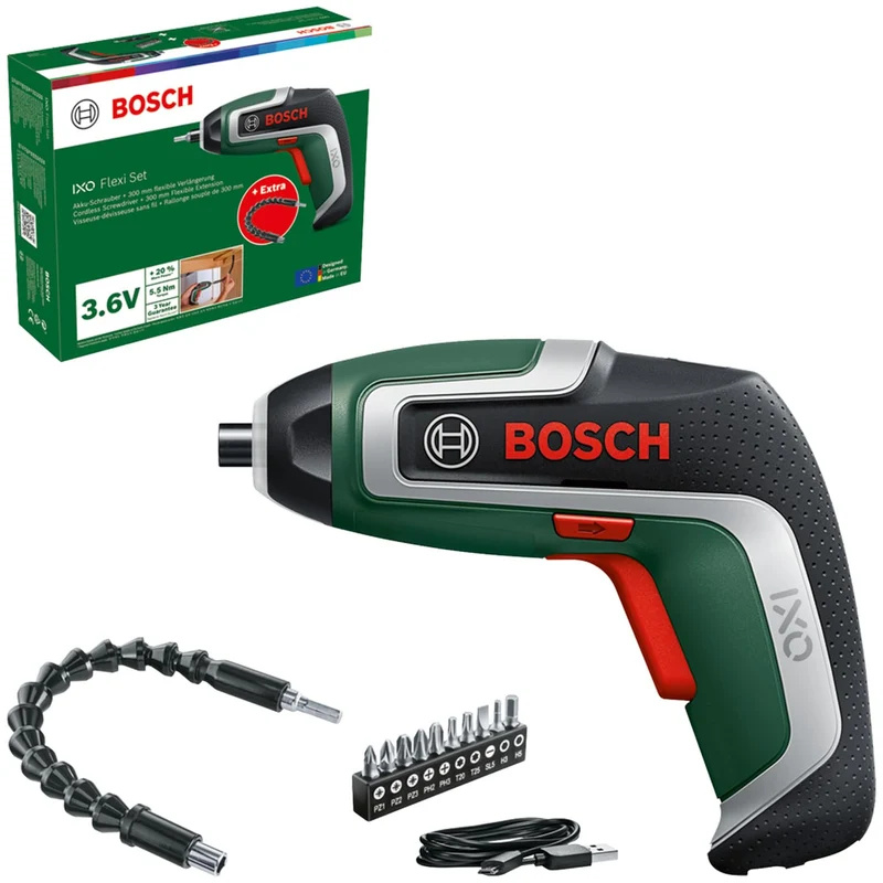 Bosch Kompakter Akku-Schrauber IXO, Flexi-Set (für flexibles Schrauben; 7. Generation; 3,6 V; 2,0 Ah