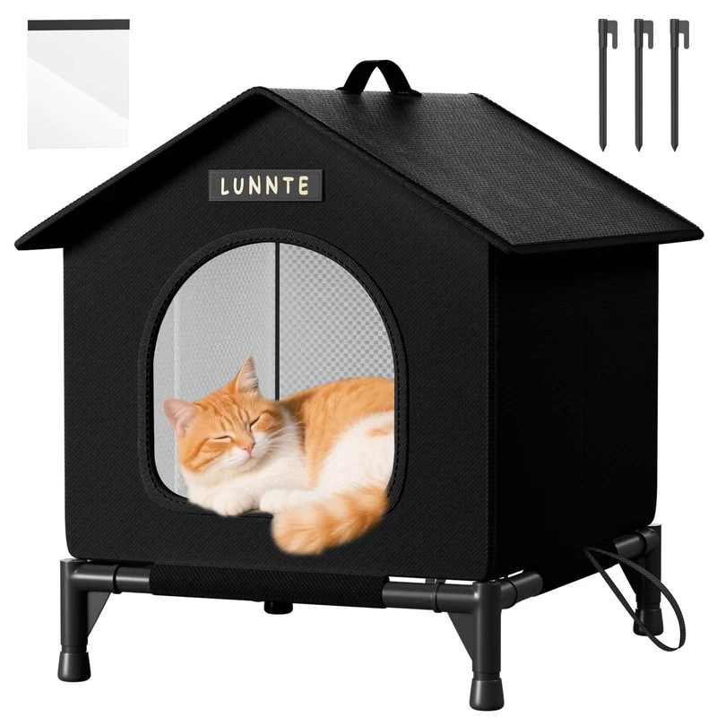 Wasserdichtes Outdoor Katzenhaus, Robustes 4-Jahreszeiten Katzenhäuschen mit erhöhtem Stand, Wetterf